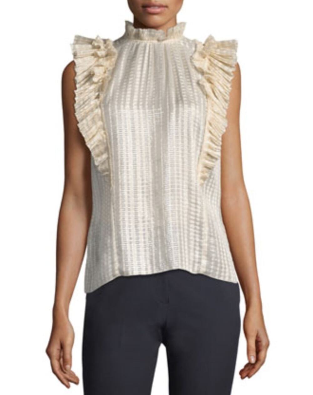 Rebecca Taylor Pale Pink & Silver Silk Sleeveless Ruffle Blouse Size 12